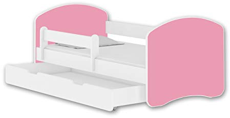 ACMA Jugendbett Kinderbett mit Einer Schublade mit Rausfallschutz und Matratze Weiß II 140 160 180 (180x80 cm + Schublade, Weiß - Rosa)