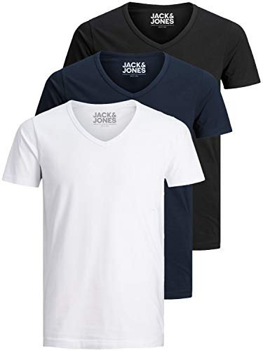 Jack & Jones - Camiseta básica para hombre, cuello de pico, paquete de 3 unidades, color liso, corte ajustado, en blanco, negro, azul y gris, S