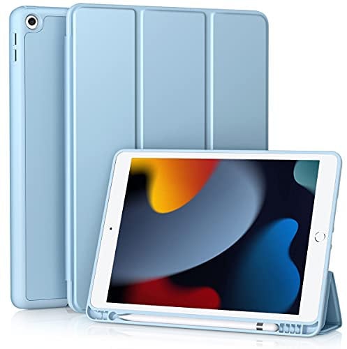 Vobafe Hülle Kompatibel mit iPad 9 8 7 Generation(10.2 Zoll, Model 2021/2020/2019,9./8./7.), Weiche TPU Rückseite Abdeckung Klappständer Schutzhülle mit Stifthalter, Auto Schlafen/Wachen, Hell Blau