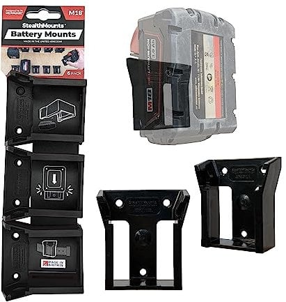 StealthMounts Battery Mounts for Milwaukee M18| Cordless Batteries Holder for Drills, Impact Drivers & More | 6 Pack | Black Battery Organisers for Milwaukee M18 Power Tools