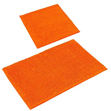 PANA® Badeteppich-Set 'Paris' • Flauschige Vorleger für Badezimmer und WC • Chenille Badematten • Badvorleger Set: 45 x 45 cm ohne WC-Ausschnitt + 50 x 80 cm • Farbe: Orange