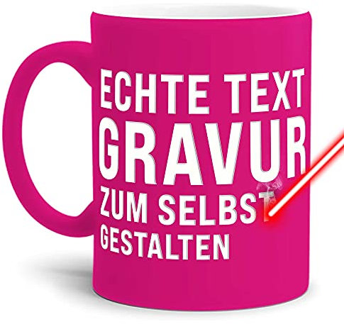 PR Print Royal Neon Tasse mit Gravur selbst gestalten - mit eigenem Wunschtext oder Wunschname gravieren - Hochwertige Keramiktasse Matte Oberfläche in Neon-Pink, 300 ml | Personalisiert