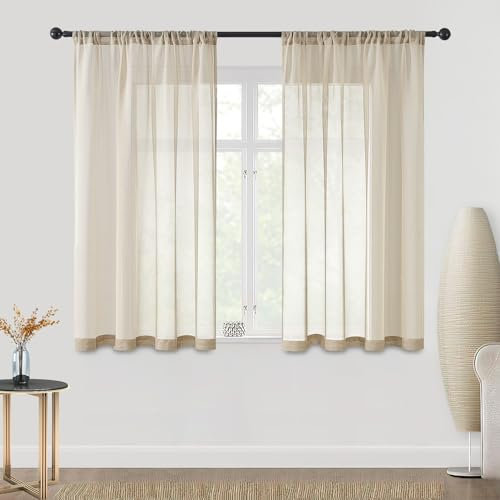 CUTEWIND Gardinen mit Stangendurchzug Voile Gardinen aus Polyester Halbtransparent Vorhänge für Wohnzimmer Schlafzimmer Kinderzimmer Beige 2er Set 140x145(BxH)