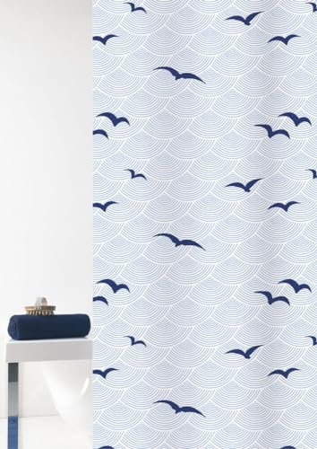 Grund Duschvorhang Anti-Schimmel, Wasserdicht Vorhang an Badewanne, 100% Textile, Seacoast, Duschvorhang 80x200 cm, Weiß-Blau