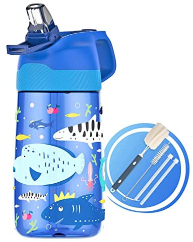 Fjbottle Botella Agua Plastico para Niños y Niñas Sin BPA Tritan Reutilizable, Sin Fugas, 450ml Botella de Agua con Pajita para Infantil, Escuela