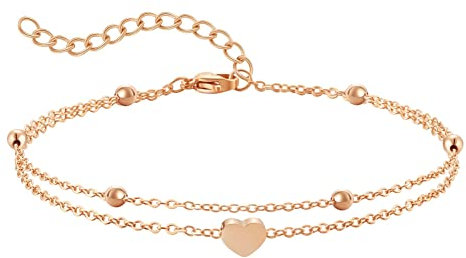AFSTALR Fußkette Damen Fusskette Edelstahl Herz Layered Anhängern Silber Doppel-Fußkettchen Für Damen Edelstahl Verstellbare Fußschmuck Coin Fußkette Für Damen 丨Roségold