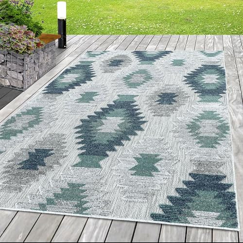 HomebyHome In & Outdoor Wetterfest 200x300 (200x290 cm) Blau, Zickzack Design 3D Effekt - Balkon Teppich Wasserfest, Kurzflor, Flachgewebt - Ideal für Küche, Garten, Camping und Terrasse