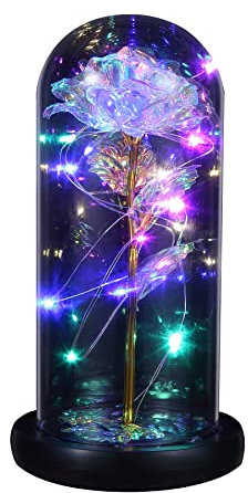 KorhLeoh Galaxy Rose Beauty and The Beast Rose in Glass Dome Eternal Sparkly Crystal Rose Flower Lamp Valentine Gifts for Her Nana Mom