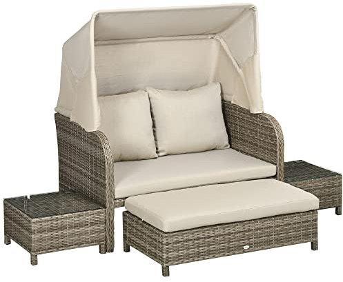 Outsunny Ensemble Salon de Jardin 4 pièces canapé 2 Places + 1 Repose-Pieds + 2 Table Basse avec Coussins - métal galvanisé et résine Aspect rotin - Beige Marron