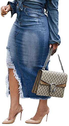Midi Jean Skirts for Women Side Slit Stretch Long Denim Skirt with Pockets