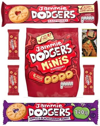 Jammie Dodgers Apple and Blackcurrant, Jammie Dodgers Original and Jammie Dodgers Mini Packs Bundle. Also contains Kitchenfella Postcard Top 10 Movie Treats!