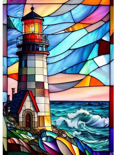 DAERLE DIY Diamond Painting Leuchtturm, 5D Diamant Painting Bilder Buntes Glasfenster, Diamant Malerei Cross Stitch Stickerei Kunsthandwerk Set für Erwachsene, Wanddekorationen für Zuhause 30x40cm