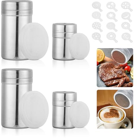 Acciaio Inossidabile In Polvere Shakers, 4 Pezzi Shaker per Cacao con 12 Stampa Stampi Stencil, Lattine Mesh Shaker Polvere di Caffè Cacao, Spargi Zucchero a Velo per Cucina Bevande Pasticceria