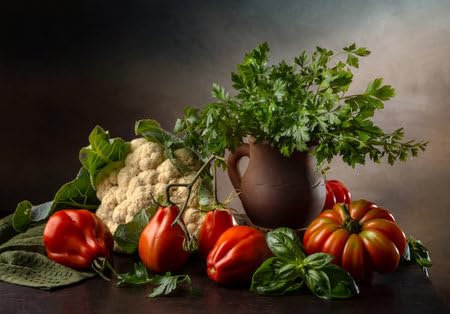 Acryl-Bild 60 x 40 cm: Stillleben mit frischen Tomaten, Basilikum, Blumenkohl und einem Strauß Petersilie in einem Tonkrug. (212624276)