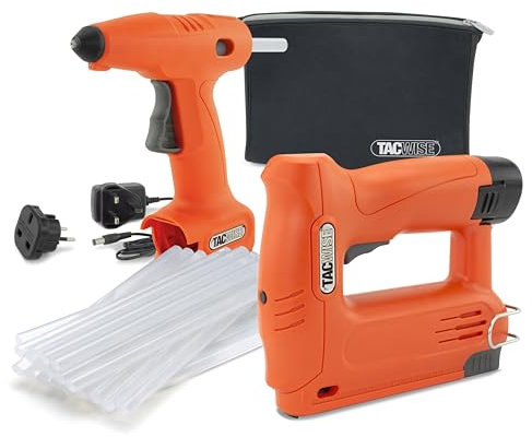 Tacwise 1780 Akkuwerkzeug Set, 140-180EL 12V Tacker/Nagler, H12-7 12V Heißklebepistole, Austauschbarer Lithium-Ionen Batterie, 30 Klebesticks und Aufbewahrungstasche
