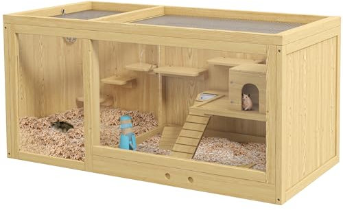 Jaula de madera para hámster PawHut, caseta para animales pequeños de 100 cm, jaula de juegos para jerbos jaula para roedores con columpios, escaleras, techo abrible, caseta, naturaleza