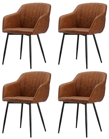Goeurvant Esszimmerstühle Kunstleder Braun mit Armlehne 4er Set Küchenstuhl Wohnzimmerstuhl mit Gepolstertem Sitz Metallbeine Polsterstuhl für Esszimmer Wohnzimmer Küche