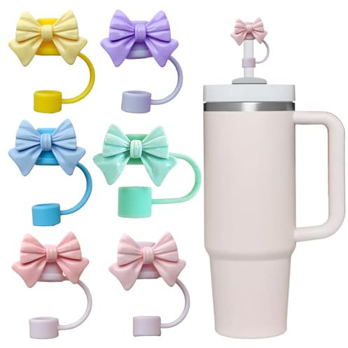Onperpoe 6 Stück Niedliche Schleifen-Strohabdeckungen Kompatibel mit Stanley Trinkgläsern Wiederverwendbar Niedliche Silikon-Trinkhalm-Spitzen Deckel für 10 mm Stanley-Becher Strohhalm-Zubehör