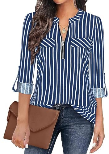 Gemulate Ladies Tops White Striped Shirt for Women Zip Up Plaid Tunic Blouse 3 Quarter Sleeve Shirt for Women Floral Printed Shirts Long Tops to Wear with Leggings - Dark Blue White Stripe, L