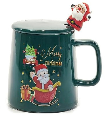 COSE DA CASA Tazza Americana Natalizia con Coperchio Cucchiaino in Acciaio TISANE COLAZIONE ottima idea regalo (CUCCHIAINO CON BABBO NATALE)