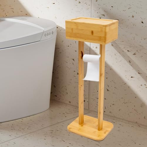 WindWilder Toilettenrollenhalter Stehend aus Bambus 65CM, Toilettenpapierhalter mit Feuchttücherbox, Holz Klopapierhalter Handyhalter Feuchttuchhalter mit Aufbewahrungsbox, Tragfähigkeit 4kg/8.8 lbs