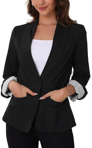 Allegra K Donna Blazer Elegante Estivo Giacca in Lino con Bottoni Blazers Leggero Manica Lunga da Lavoro Ufficio Nero XS