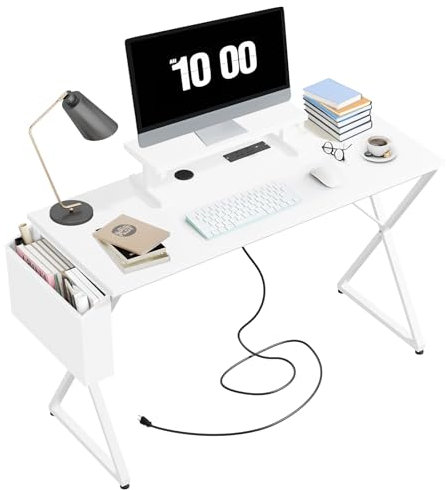 CXRYLZ 120cm Computer Desk, Gaming PC Study Table Workstation with Monitor Stand, Storage Bag & Power Outlets, Work Desk for Home & Office