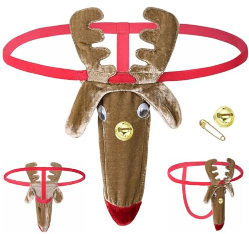 Herren String Weihnachten Unterwäsche Rentiere Mankini Borat Tanga Lustiger Schwimmen G-Strings Thongs für Herren Badeanzug Hirsch Unterhose Einheitsgröße Braun mit 1pcs Kleine Glocke