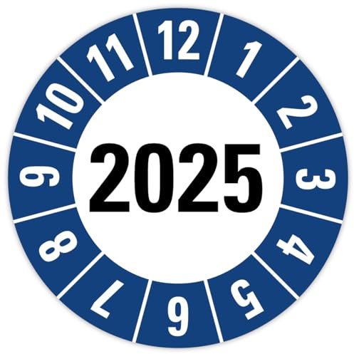 25 Stück – Jahresprüfplaketten Aufkleber Etiketten „2025 auf Bogen Folie selbstklebend, Blau | Ø 15-40 mm Made in Germany, Größe: Ø15 mm
