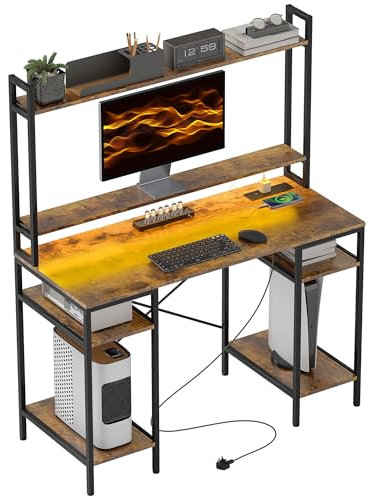 HOMCOM Computer Desk with Power Outlets and LED Lights, Home Office Desk with Monitor Stand, 2 CPU Stands and Storage Shelves, Study Table Gaming Desk with Hutch, Rustic Brown
