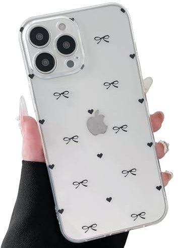 ZTOFERA Clear Case for iPhone 13 Pro, Cute Love Heart & Bowknot Pattern Design Aesthetic Transparent Phone Case Soft Flexible TPU Shockproof Protective Cover for Women Girls - Black Bow