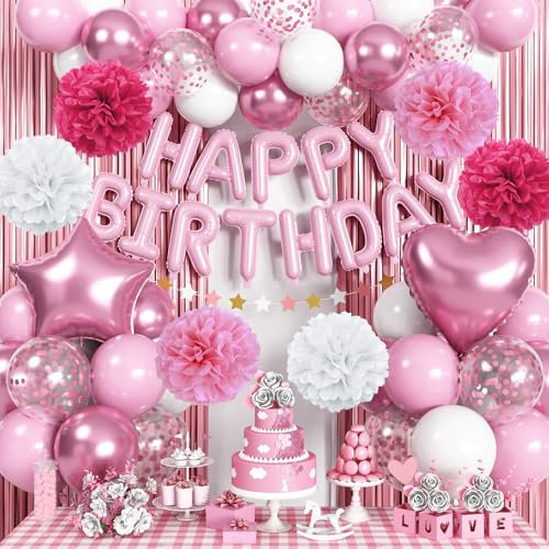 Rosa Geburtstagsdeko Mädchen, Kindergeburtstag Deko Rosa Weiss, Luftballons Geburtstag Weiß Pink Happy Birthday Ballon Banner Girlande Lametta Vorhang Pink für Frauen Geburtstag Party Dekoration