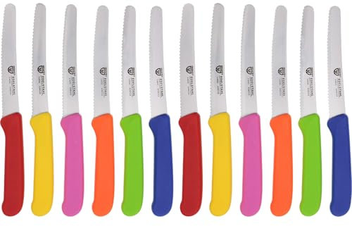 GRÄWE Tafelmesser 12 Stück, Messerset zum Schneiden, 12er Pack Brötchenmesser, Frühstücksmesser mit einseitigem Wellenschliff, Brotmesser, scharfe Messer für Brotzeit, 21 cm - Bunt