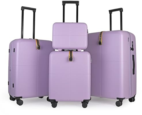 JLY 4pc Travel Set, Hard Shell Suitcases and Vanity Case, Dreamy Lilac | Complete 4-piece matching set, medium and large expandable 17%, waterproof pockets, peach-skin lining
