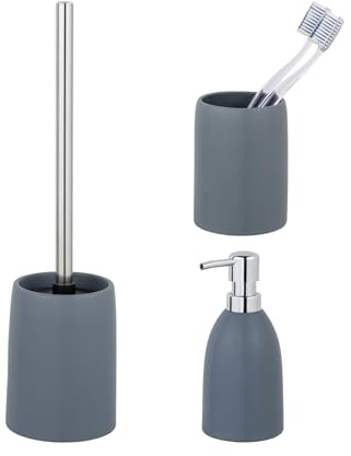 Schöner Wohnen Kollektion Bad-Accessoire Set Mod. Funo 3-teilig aus hochwertiger Keramik in Blau mit WC-Garnitur Seifenspender und Zahnputzbecher Maße 39,5 cm x 10 cm