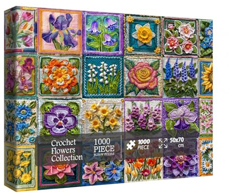 Colorful Flower Plant Puzzles for Adults 1000 Pieces Nature, Beautiful Collage Spring Floral Crochet Art Jigsaw Puzzles, Pretty Sunflower Rose Daisy Knitting Puzzle