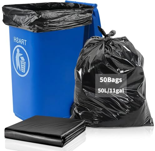 50 Pack Bin Bags Liners 50L Large Black Refuse Sacks Plastic Rubbish Garbage Trash Waste Bag for Kitchen Home Office