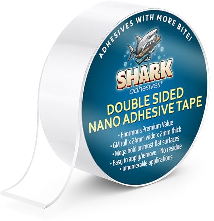 Shark Adhesives Heavy Duty Double Sided Nano Tape 6m Roll Nano Mounting Tape, Clear Adhesive Picture Hanging Strips for Home and Office, Strong and Reusable for Photos, Posters, Decorations and More