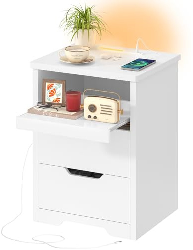 TEENFON Nachttisch mit 3-Farbiger LED-Beleuchtung & USB/Type-C Schnellladung, Moderner Beistelltisch und Nachtschrank mit Schiebeplatte & 2 Schubladen, für Wohnzimmer und Schlafzimmer, Weiß