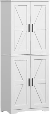 4 Doors Storage Kitchen Cupboard, Wooden Collection Food Pantry Cabinet with 4 Adjustable Shelves Freestanding Sideboard Organizer Unit for Living Room, Bedroom, Kitchen and Hallway (White)