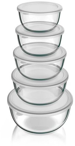 Arendo - Salatschüssel aus Glas mit Deckel - Glasschüssel 5er Set - 1000ml + 1500ml + 2000ml + 2700ml + 4400ml – Rührschüsseln klein bis groß – Borosilikatglas - Glasschale Salatglasschale