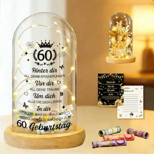 owlfun 60 Geburtstag Frau Mann Geldgeschenke, Geburtstag 60 LED Glaskuppel Deko Geschenk Zum 60 Geburtstag Mann Frau Verpackungen Tischdeko (60)
