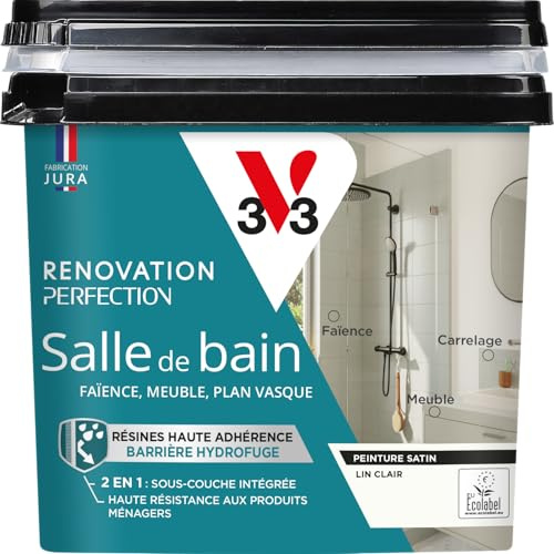V33 Peinture Rénovation Perfection® Salle de Bain Lin Clair Satin 750ml | Haute Adhérence - Barrière Hydrofuge - Sous-Couche intégrée - Ecolabel - Faïence - Meuble - Plan Vasque