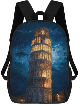 sinyumoney Leaning Tower of Pisa Night Lights Kinderrucksäcke, Schulrucksack, 3D-gedruckter Rucksack Für Kinder, Reiserucksack, Büchertasche, Kinder-Schultasche 17inch Schultasche