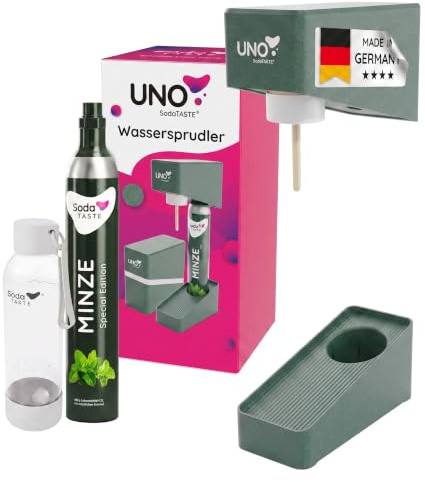 UNO Wassersprudler – modular & ohne Strom | kompatibel mit allen CO₂-Zylindern mit Standard-Drehgewinde | Set inkl. 1L-Wasserflasche & CO₂-Zylinder Minze & Flaschentrockner (Minzgrün)