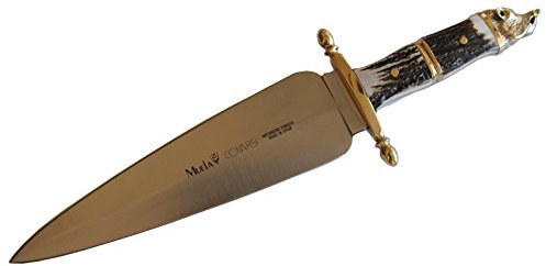Muela ELECTROPOLIS Cuchillo de remate Covarsi COV-C, Enterizo, cachas de asta de Ciervo y Cabeza de jabalí de latón, Hoja MOVA de 24,5 cm + Tarjeta Multiusos de Regalo
