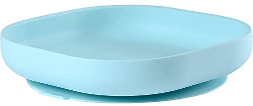 BÉABA Plato con ventosa para niños, 100% silicona, material suave y resistente, Se adhiere a la mesa/bandeja de la trona, comida infantil, Compatible con microondas, azul