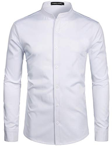 PARKLEES Chemise à manches longues pour homme - Couleur unie - Coupe ajustée - Facile à repasser - Col montant - Pour affaires - Loisirs, Blanc pur., M