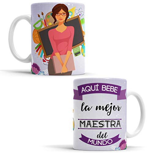 OyC Original y Creativo Taza para Maestra - Taza Aquí Bebe la Mejor Maestra del Mundo - Taza con Frase y Dibujo (Maestra)