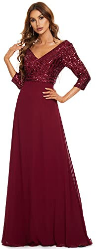 Ever-Pretty Damen V-Ausschnitt Pailletten Lange Ärmel Festliches Kleider Bodenlang A-Linie Elegant Chiffon Burgund 58